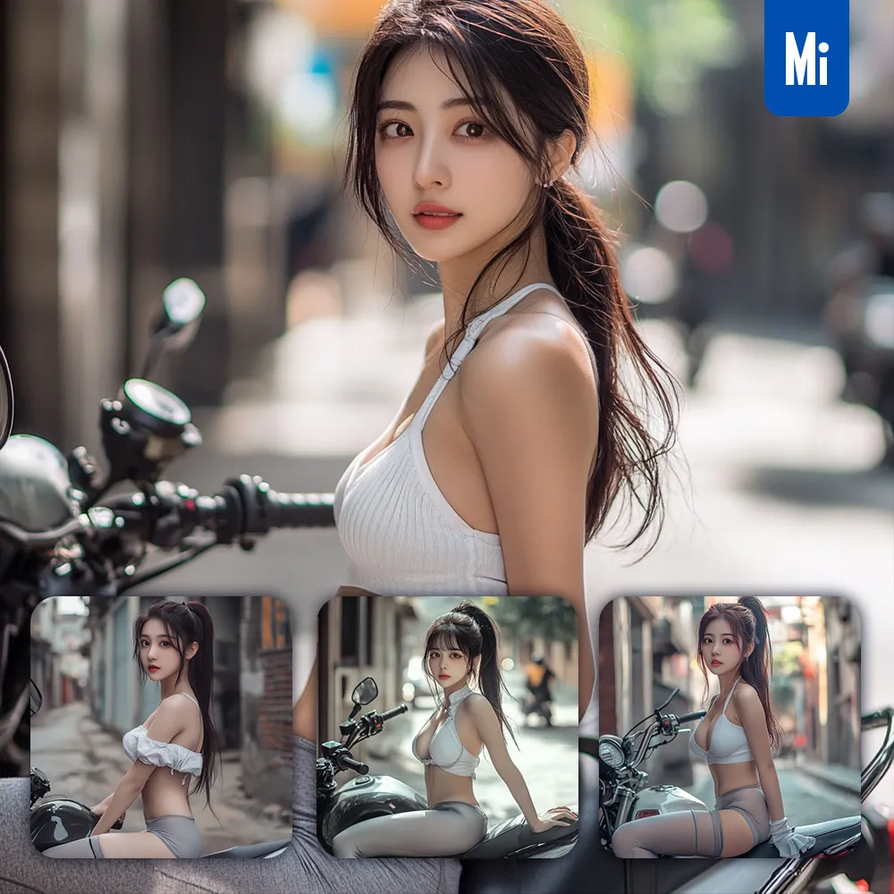 midjourney prompt Chinese beauty girl woman ponytail motorcycle street photography