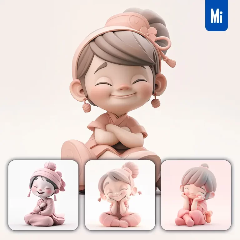 midjourney prompt Chinese girl doll smile 3D cartoon sculpture