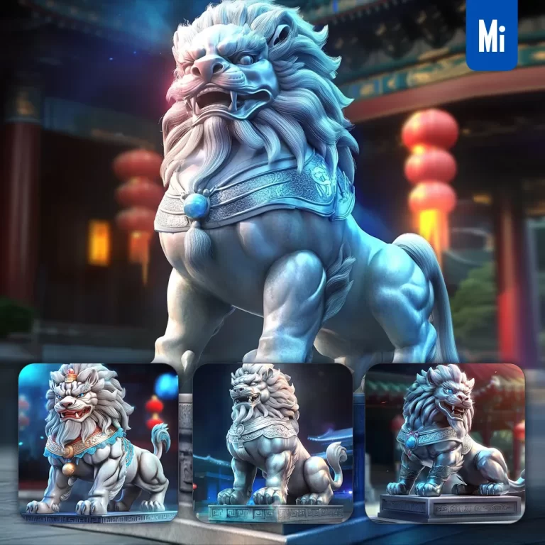midjourney prompt Chinese lion statue sculpture stance animation illustration 3D