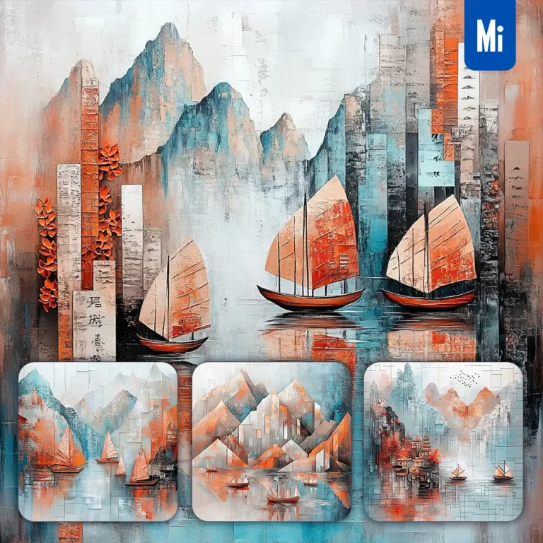 midjourney prompt Chinese mountain orange river sea lake water boat architecture illustration painting