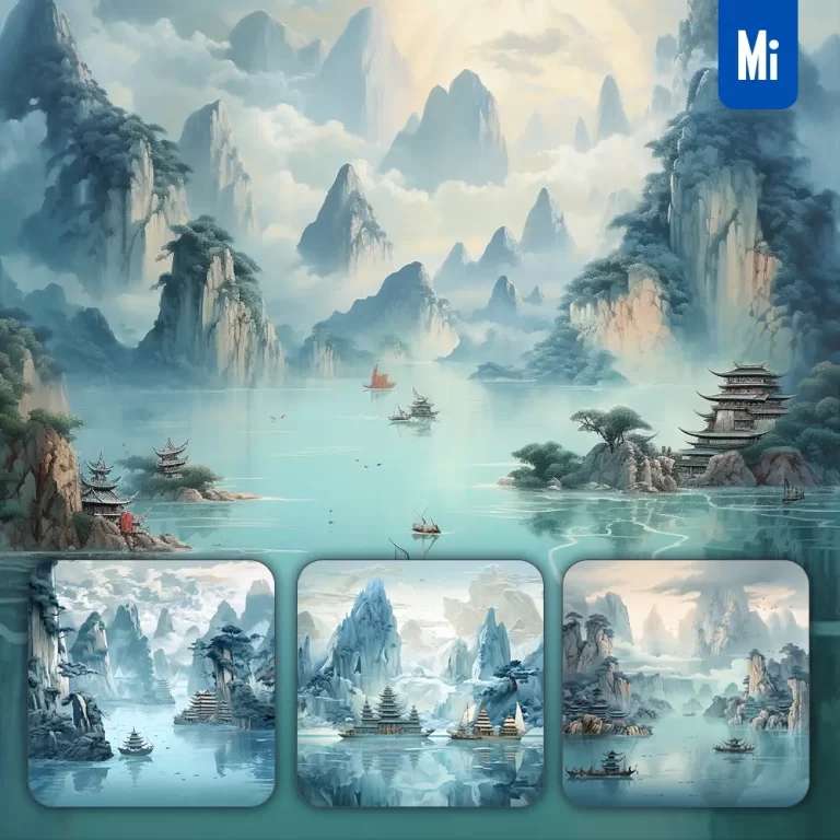 midjourney prompt Chinese mountain river sea lake water boat architecture illustration painting