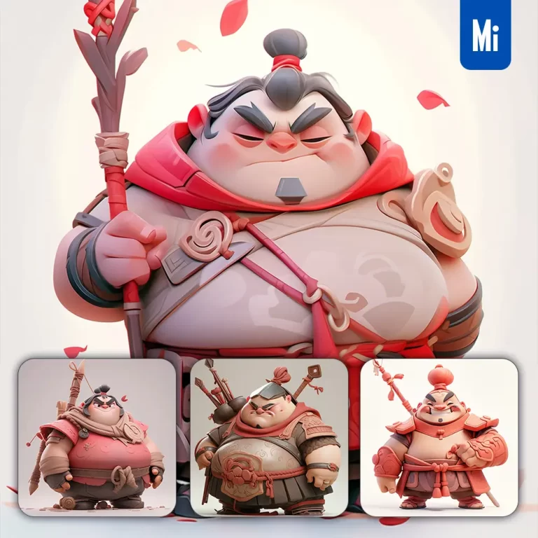 midjourney prompt Chinese warrior Japanese stick fat 3D sculpture cartoon
