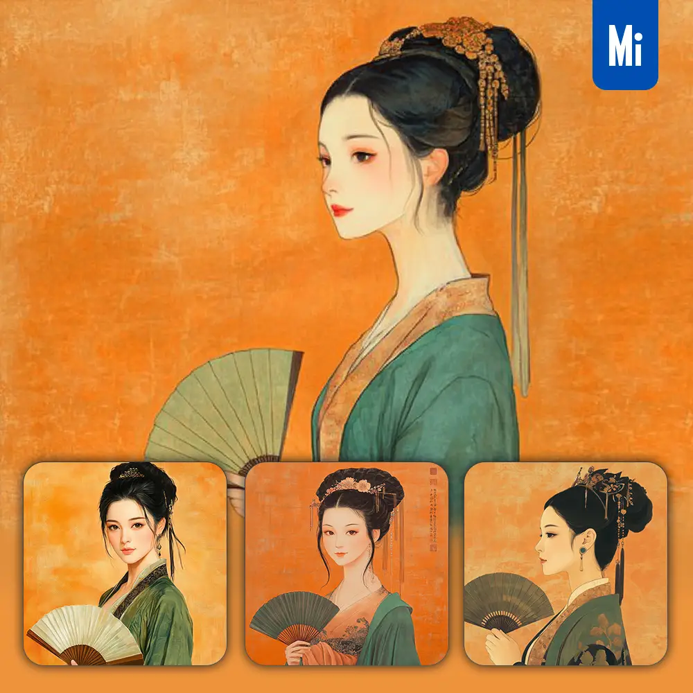 midjourney prompt Chinese woman girl lady fan traditional ink painting illustration