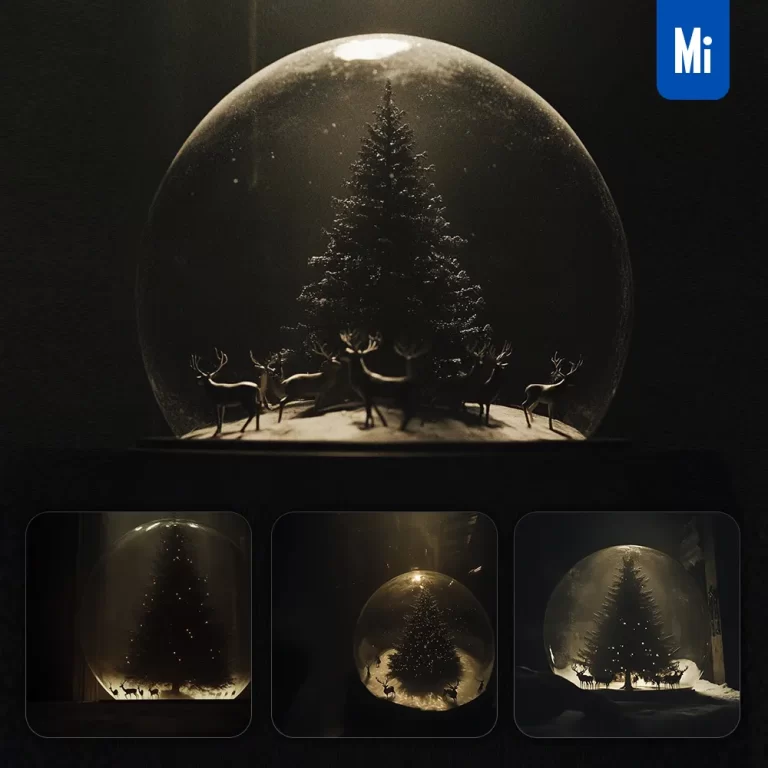midjourney prompt Christmas tree deer snow globe 3D dark black