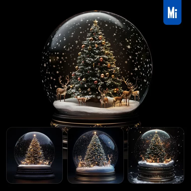 midjourney prompt Christmas tree deer snow globe 3D dark black photography