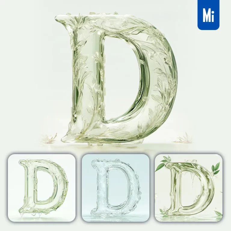 midjourney prompt D letter ice glass transparent 3D