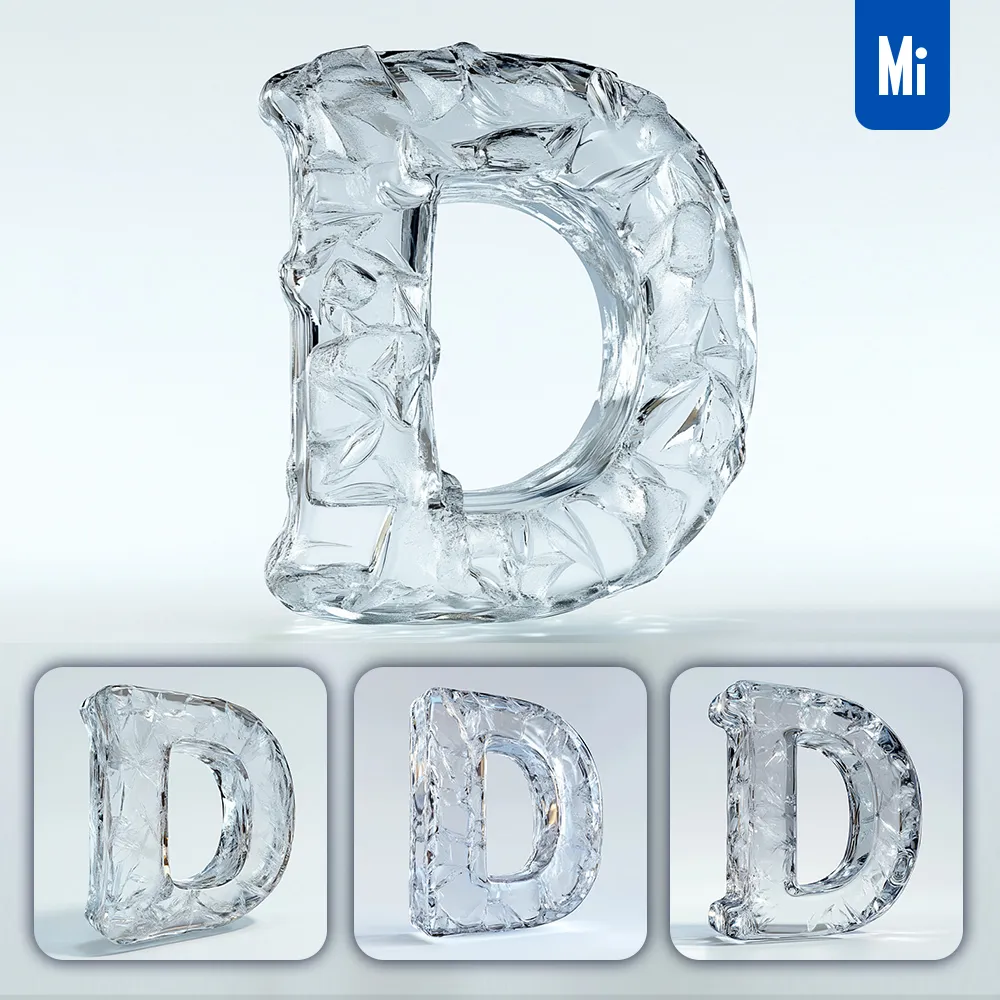 midjourney prompt D letter ice transparent 3D frozen