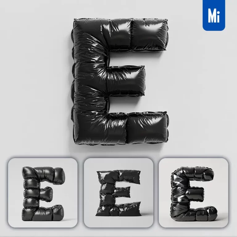 midjourney prompt E letter black inflated balloon 3D photography