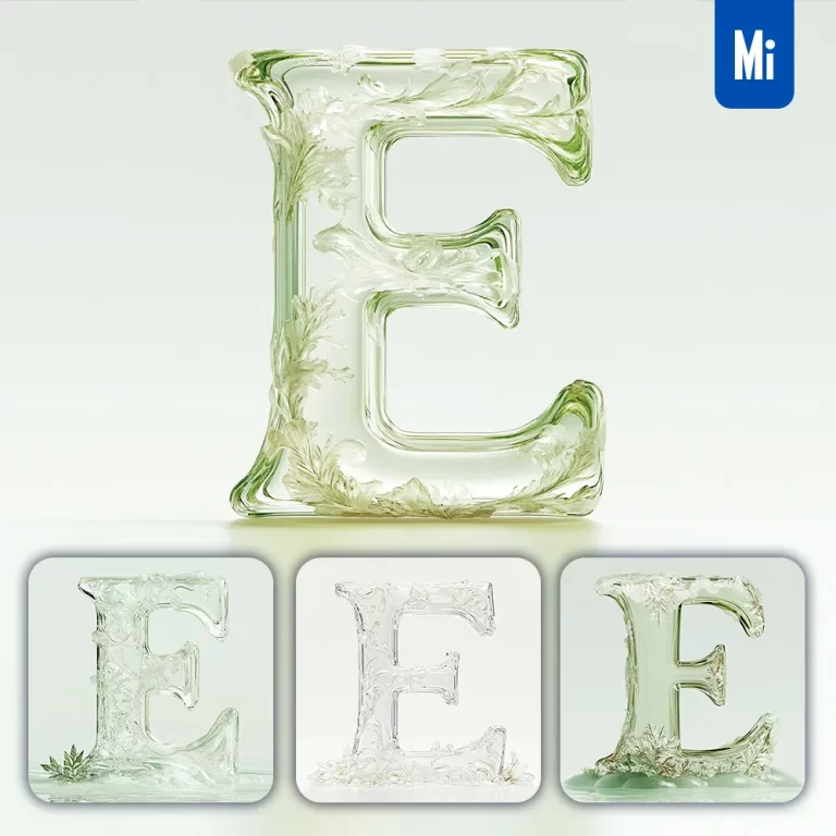 midjourney prompt E letter ice glass transparent 3D