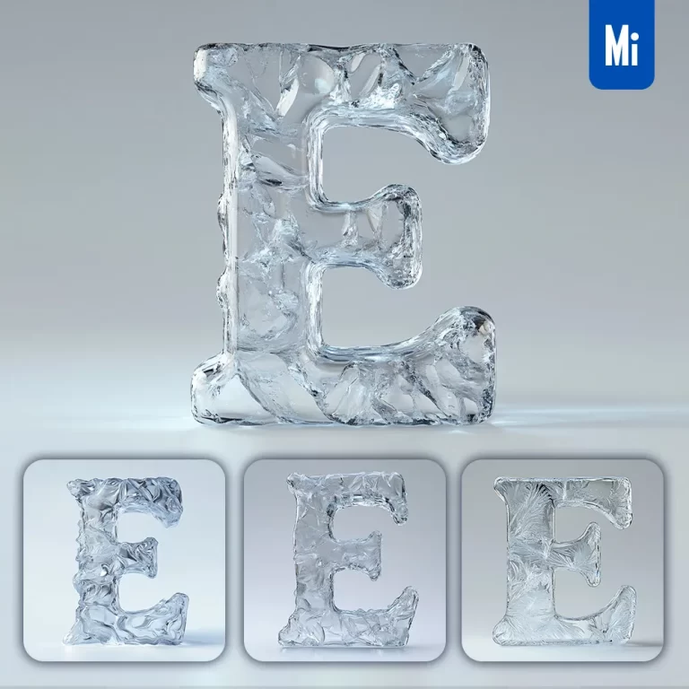 midjourney prompt E letter ice transparent 3D frozen