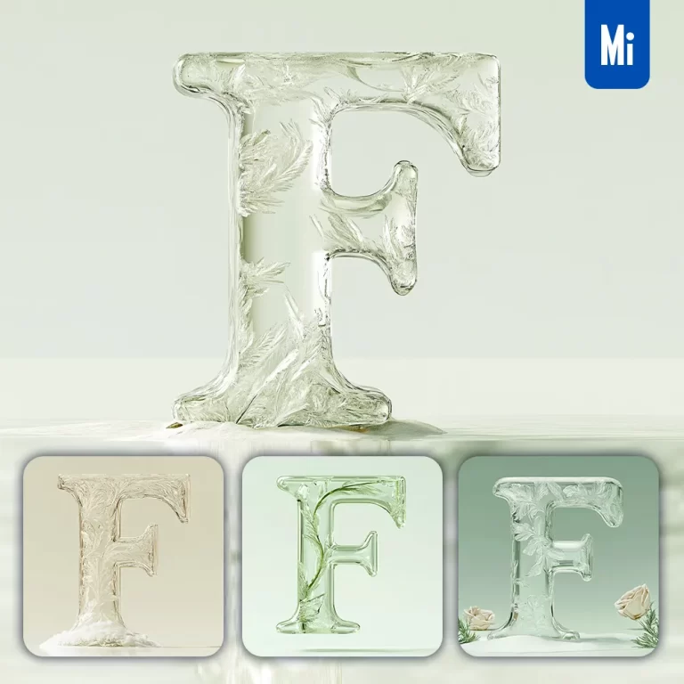 midjourney prompt F letter ice glass transparent 3D