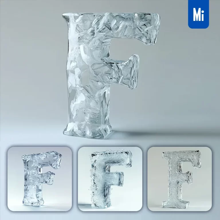 midjourney prompt F letter ice transparent 3D frozen