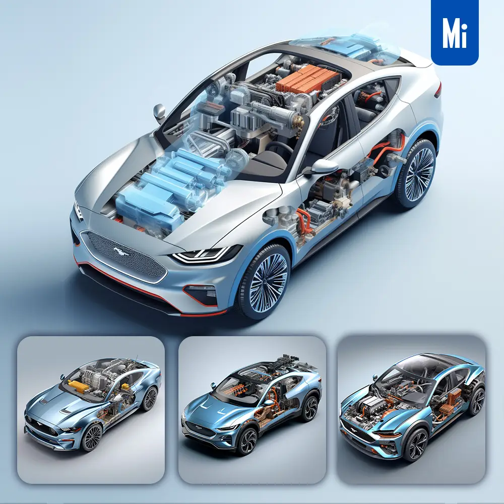 midjourney prompt Ford Mustang Mach-E car eDrive mechanical isometric 3D illustration