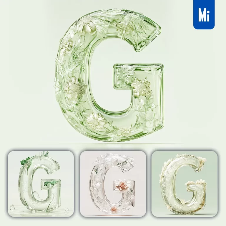 midjourney prompt G letter ice glass transparent 3D