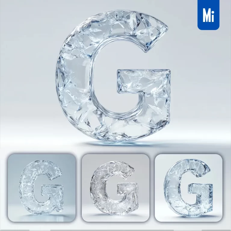 midjourney prompt G letter ice transparent 3D frozen