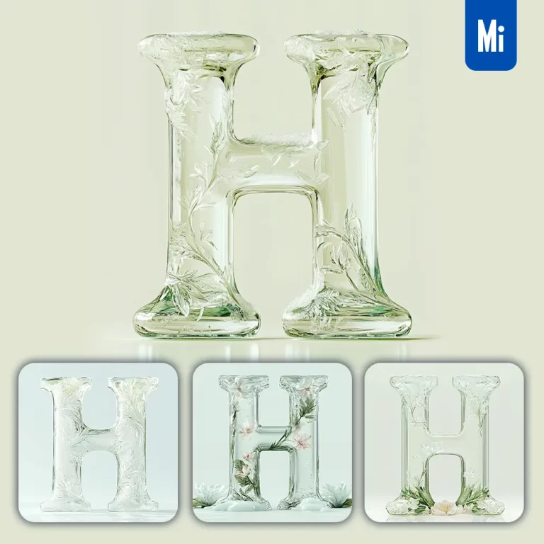 midjourney prompt H letter ice glass transparent 3D