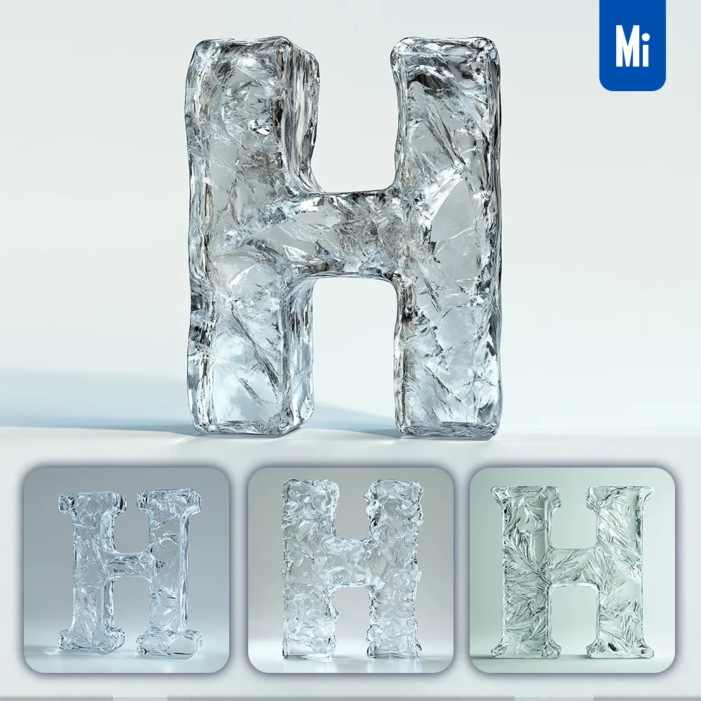 midjourney prompt H letter ice transparent 3D frozen