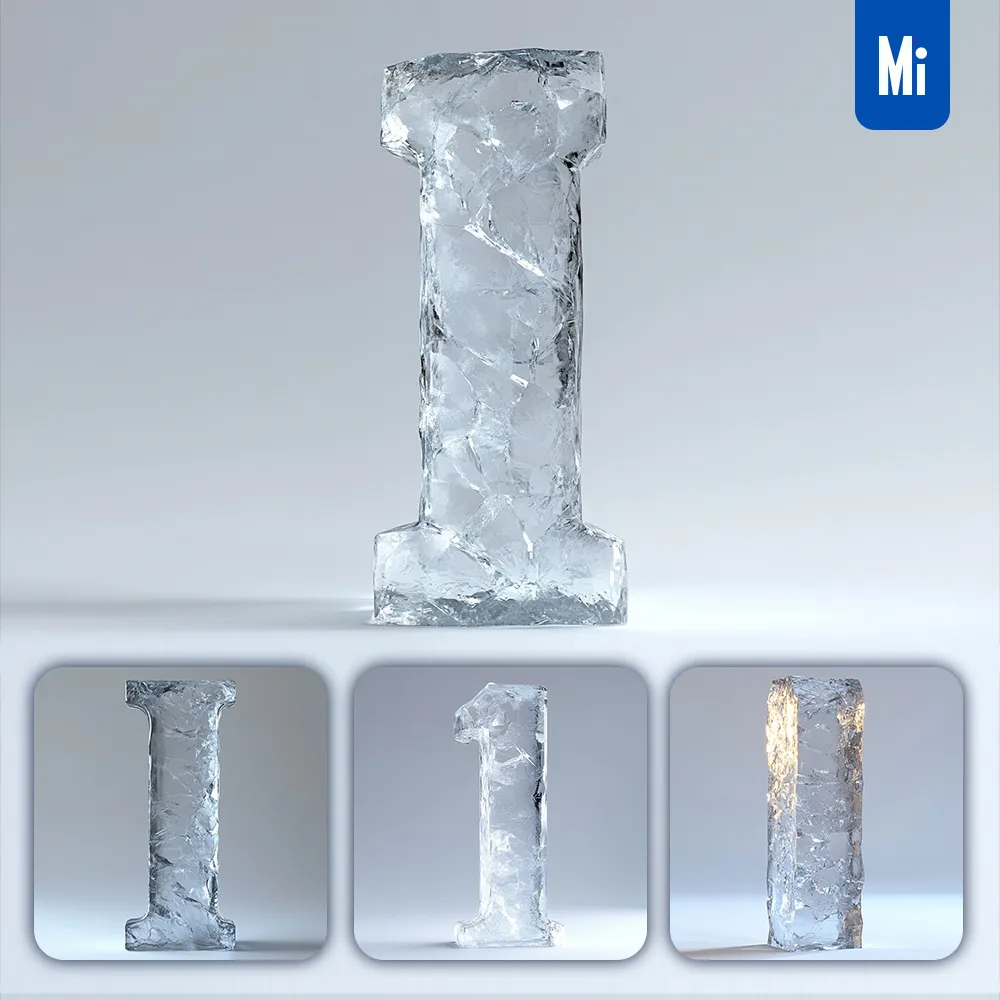 midjourney prompt I letter ice transparent 3D frozen
