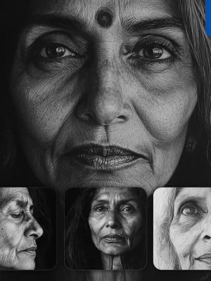 Midjourney Prompt Indian Old Woman Female Head Face Black And White Drawing