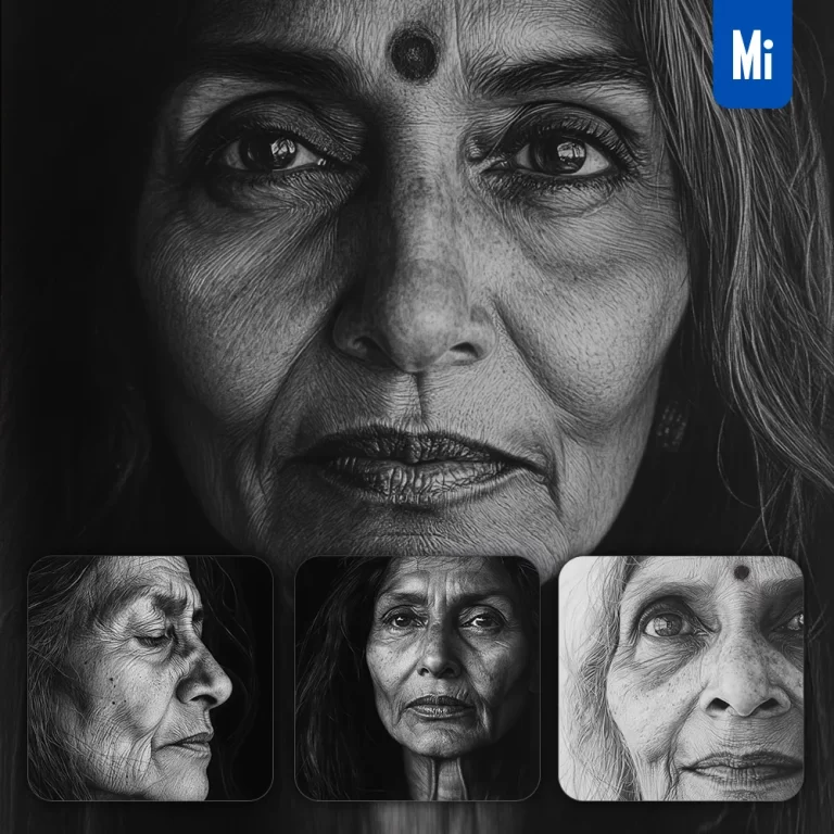 midjourney prompt Indian old woman female head face black and white drawing