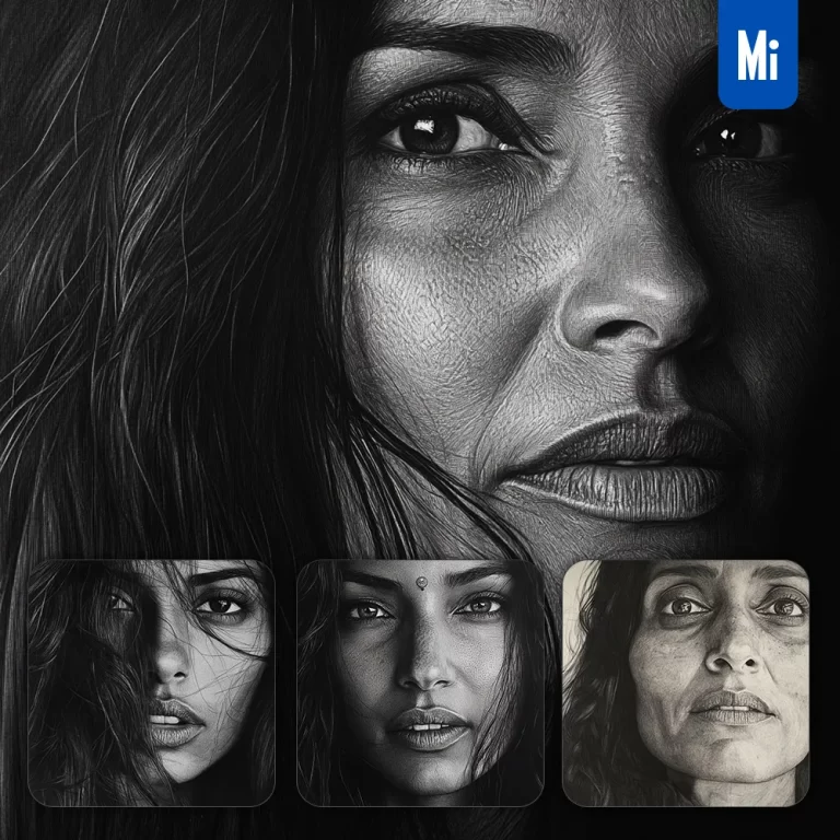 midjourney prompt Indian woman female head face black and white drawing