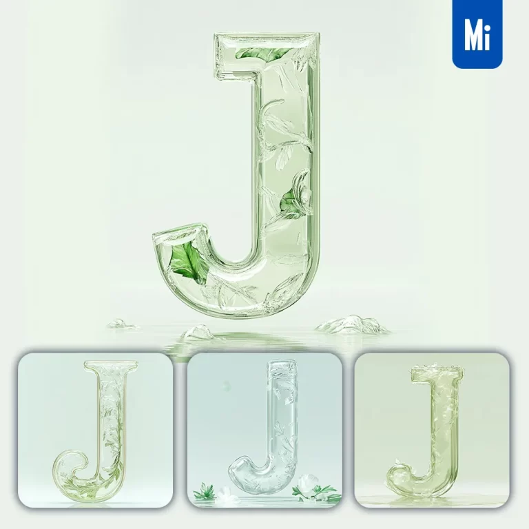 midjourney prompt J letter ice glass transparent 3D