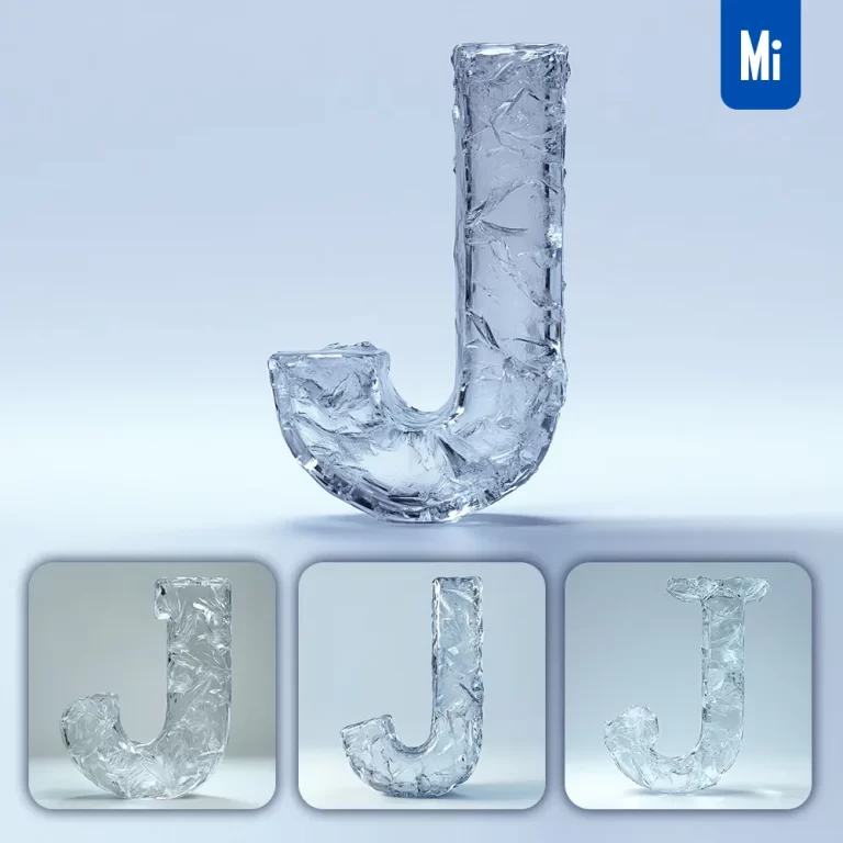 midjourney prompt J letter ice transparent 3D frozen