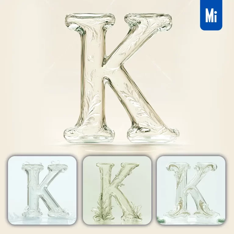 midjourney prompt K letter ice glass transparent 3D