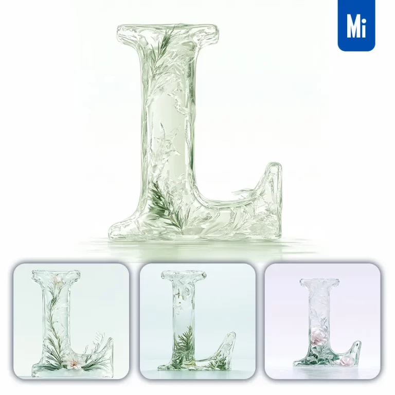midjourney prompt L letter ice glass transparent 3D