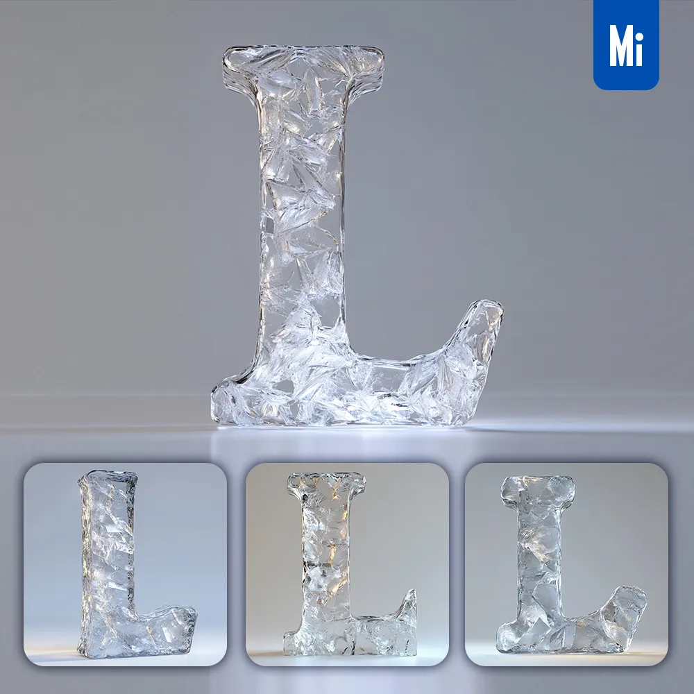 midjourney prompt L letter ice transparent 3D frozen
