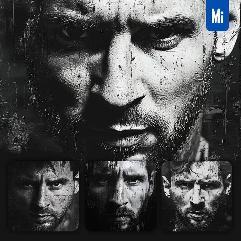 midjourney prompt Lionel Messi face black and white texture photography