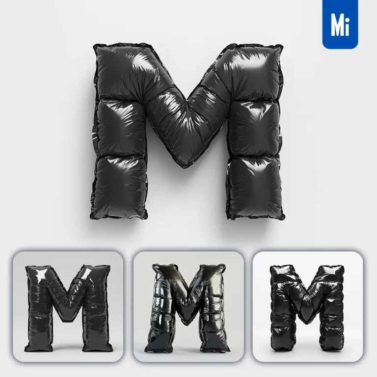 midjourney prompt M letter black inflated balloon 3D photography