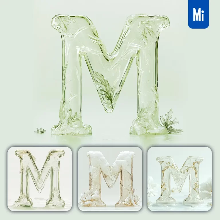 midjourney prompt M letter ice glass transparent 3D