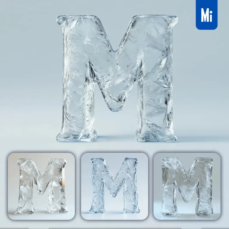 midjourney prompt M letter ice transparent 3D frozen