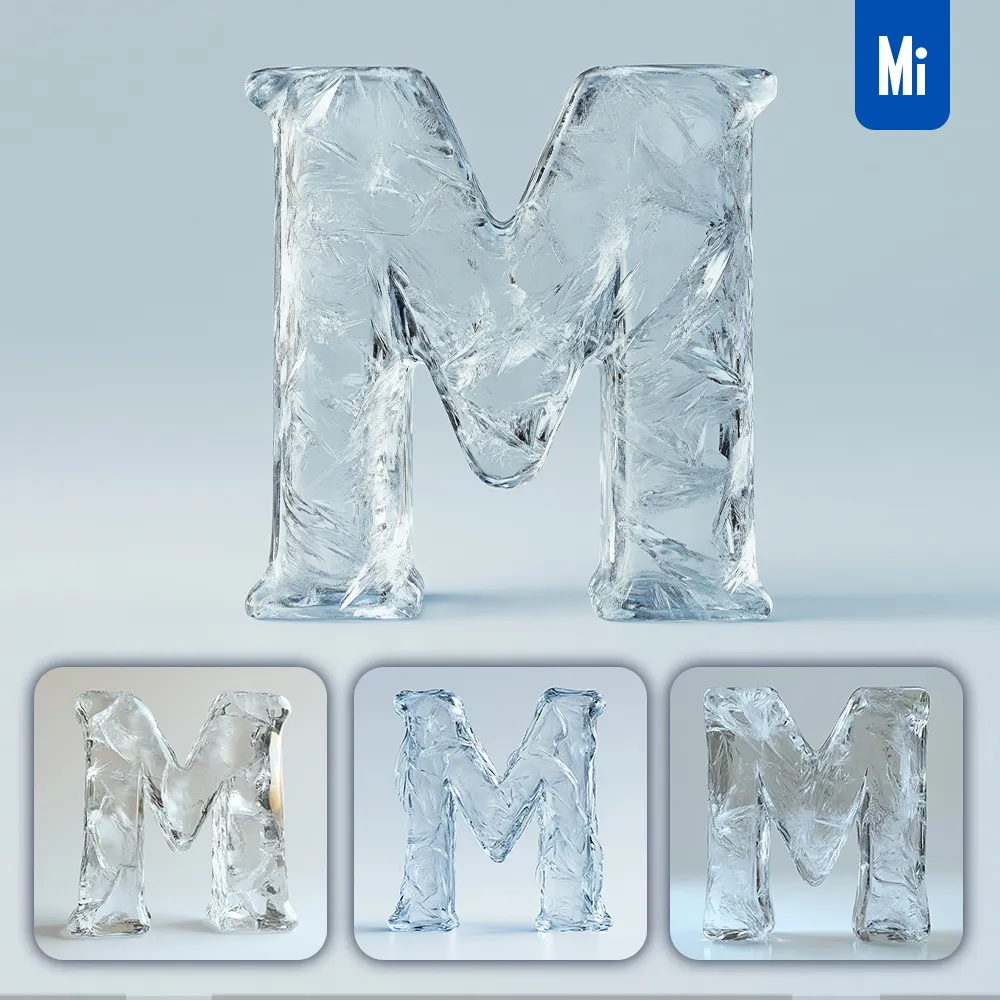 midjourney prompt M letter ice transparent 3D frozen