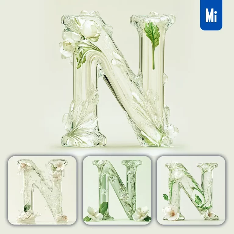 midjourney prompt N letter ice glass transparent 3D