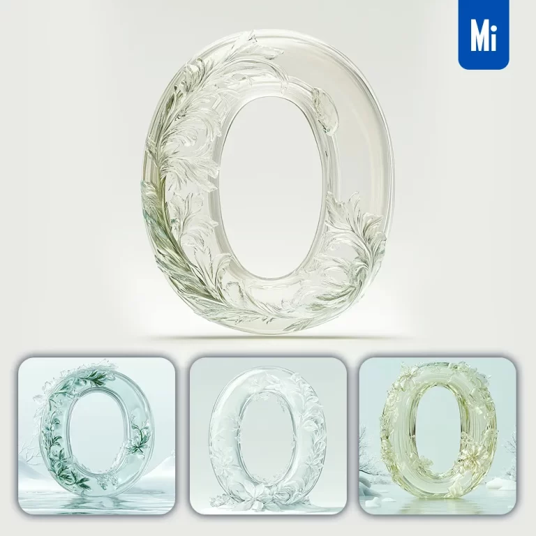 midjourney prompt O letter ice glass transparent 3D