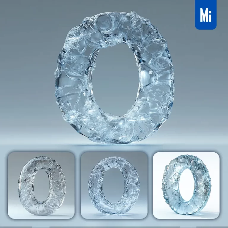 midjourney prompt O letter ice transparent 3D frozen