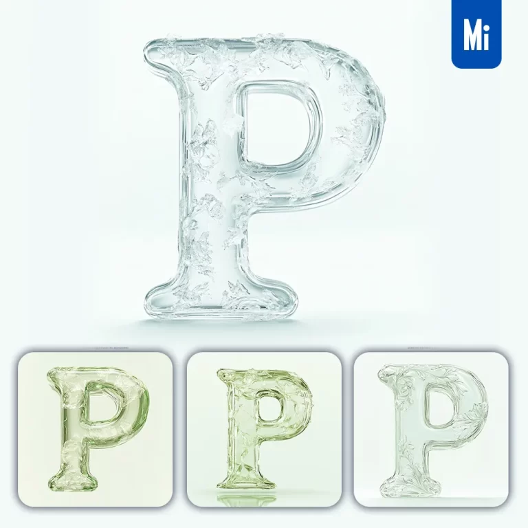 midjourney prompt P letter ice glass transparent 3D