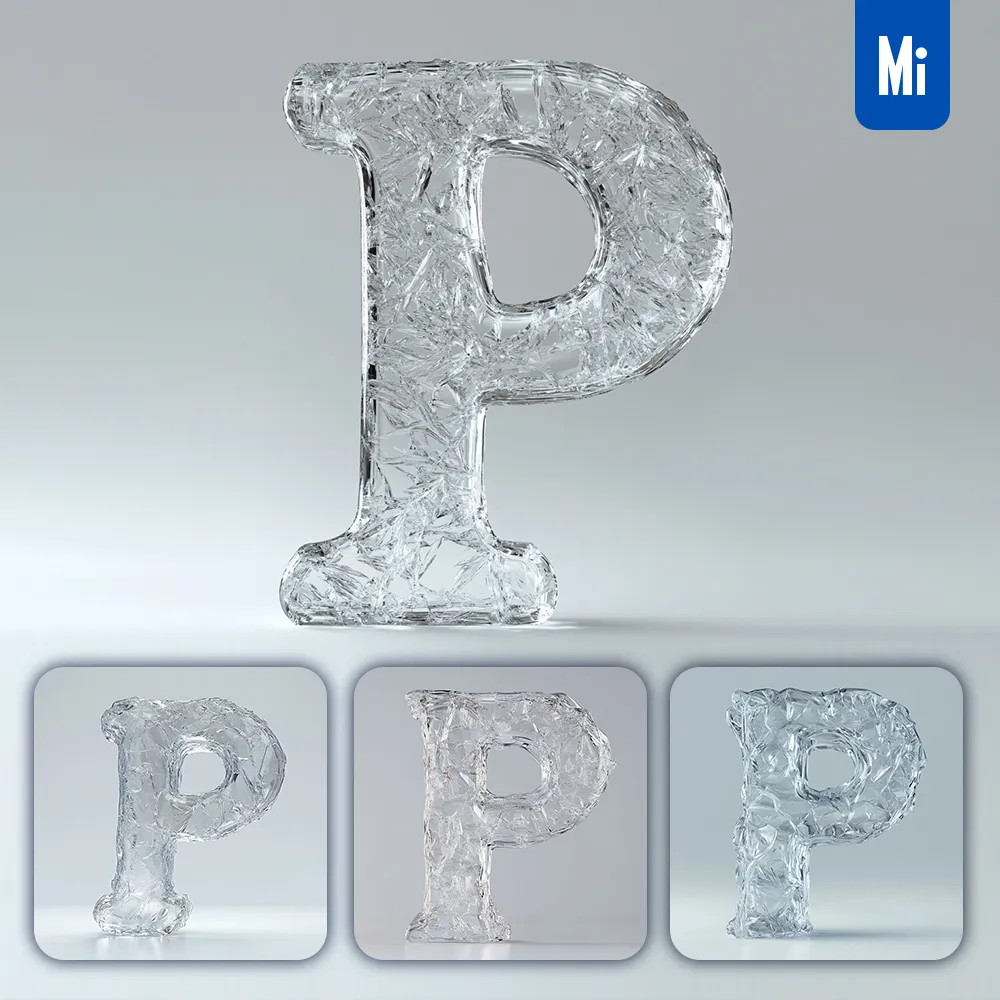 midjourney prompt P letter ice transparent 3D frozen