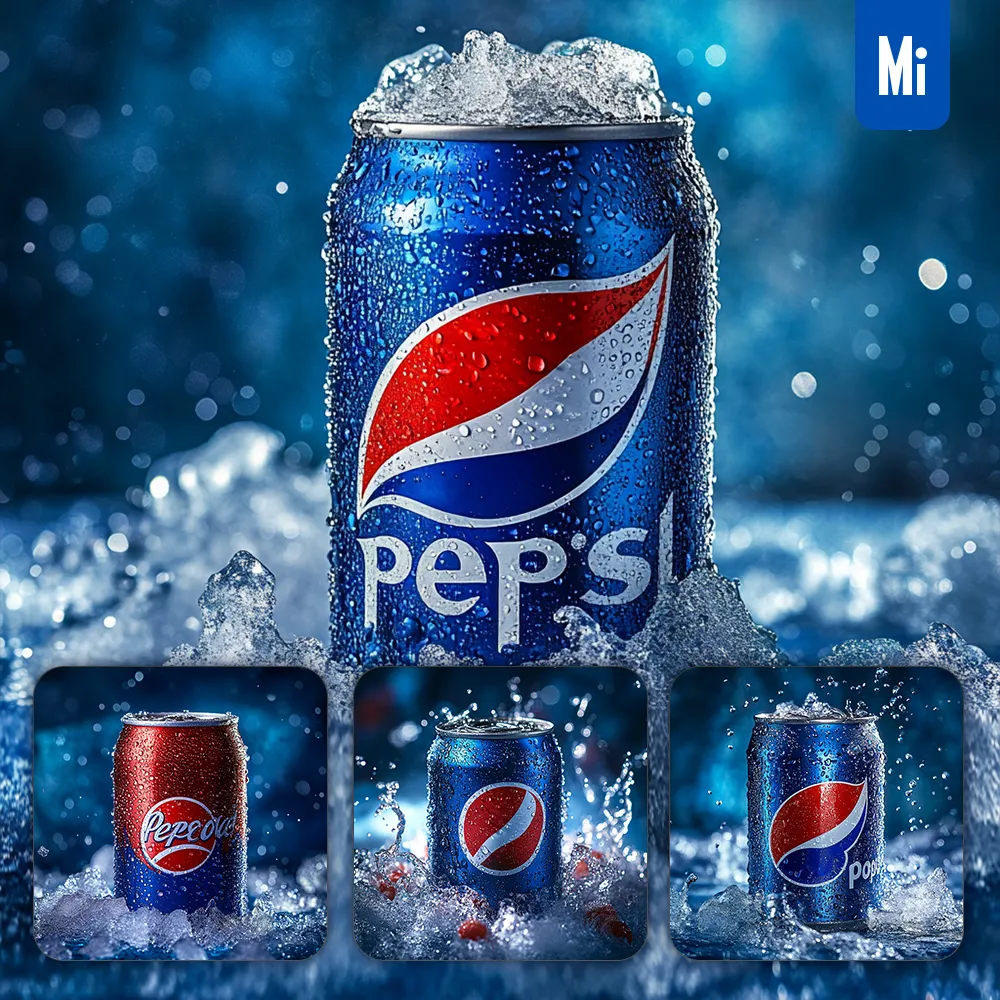 midjourney prompt PEPSI soda COLA can ice water frost photography