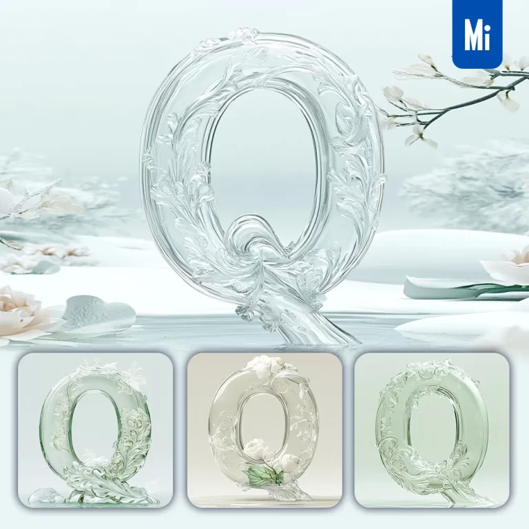 midjourney prompt Q letter ice glass transparent 3D