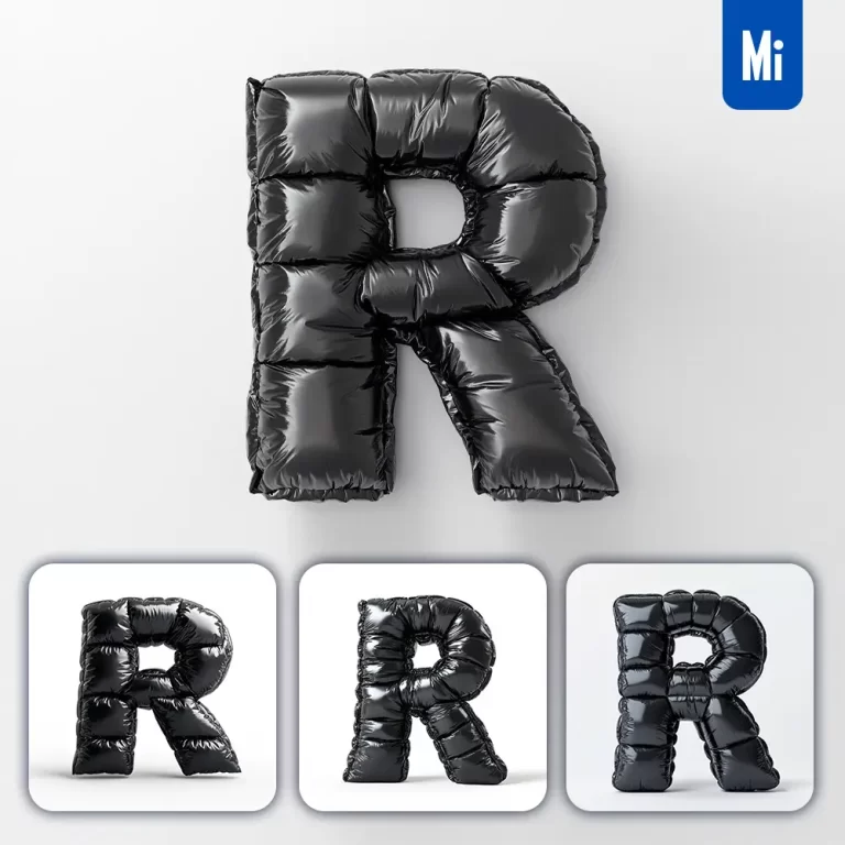 midjourney prompt R letter black inflated balloon 3D photography