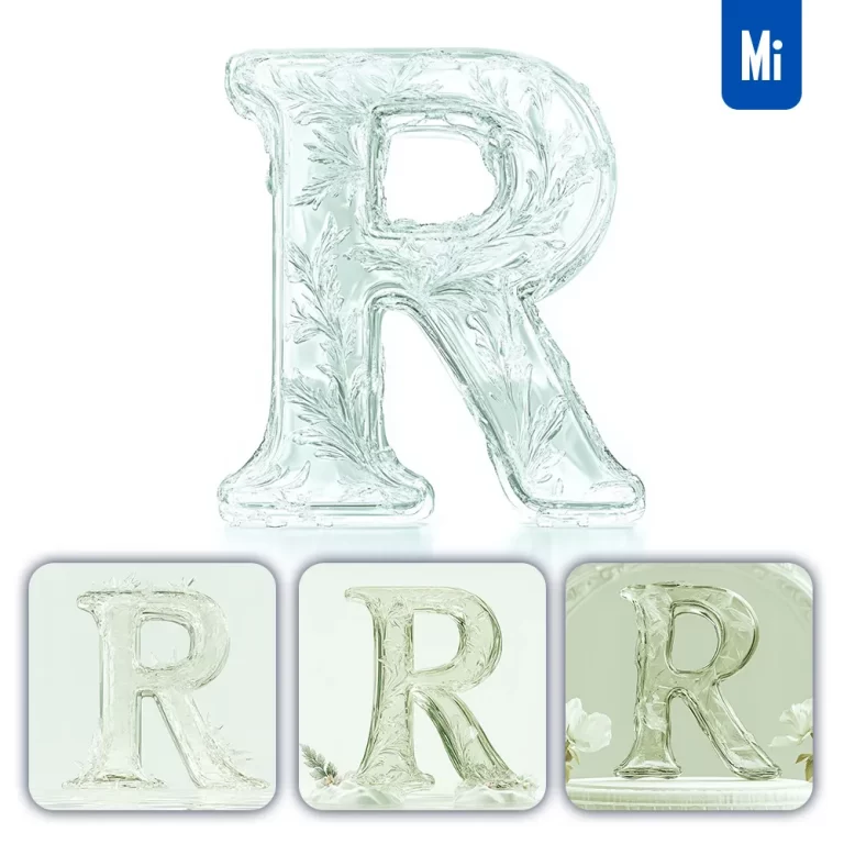 midjourney prompt R letter ice glass transparent 3D