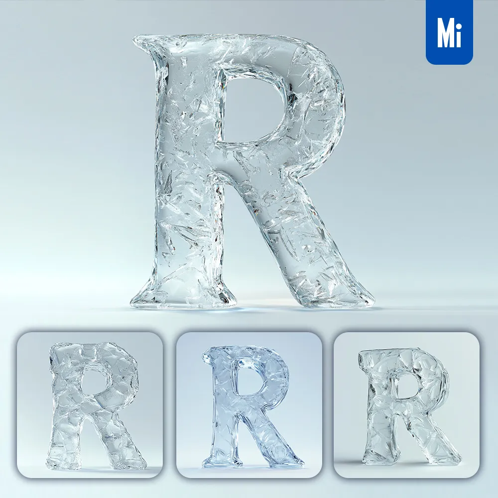 midjourney prompt R letter ice transparent 3D frozen