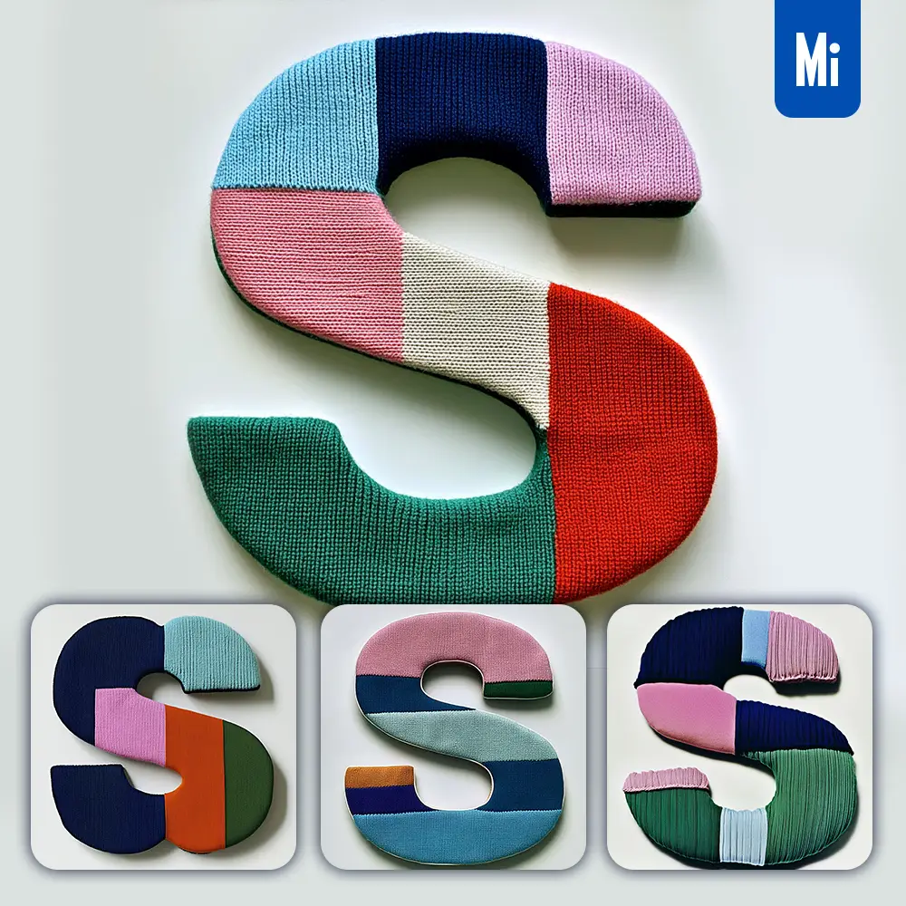 midjourney prompt S letter colorful knitted fabric art 3D photography