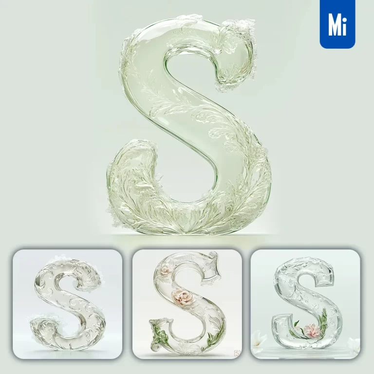 midjourney prompt S letter ice glass transparent 3D