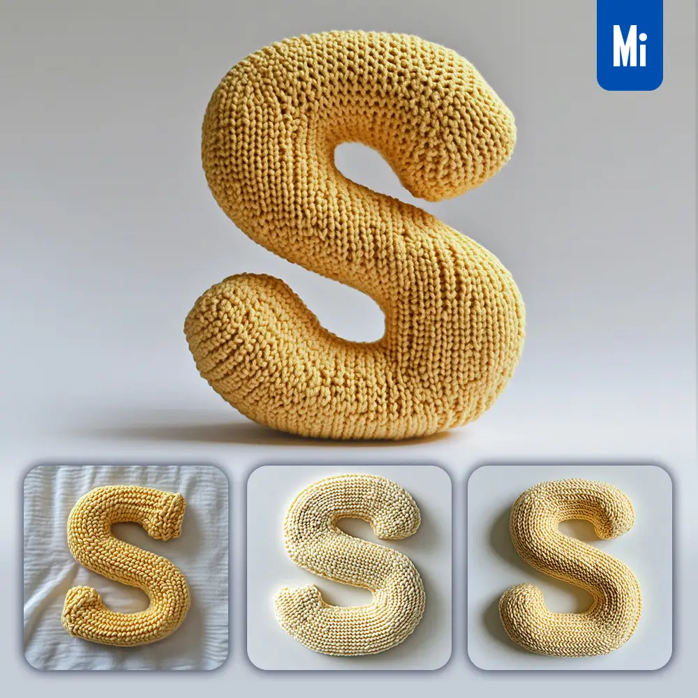 midjourney prompt S letter yellow knitted fabric 3D photography