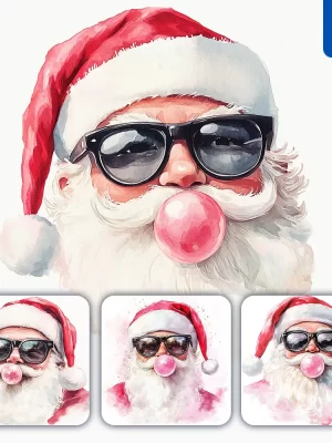 Midjourney Prompt Santa Claus Father Christmas Bubble Gum Ball Sunglasses Cartoon Face Watercolor Ink Painting