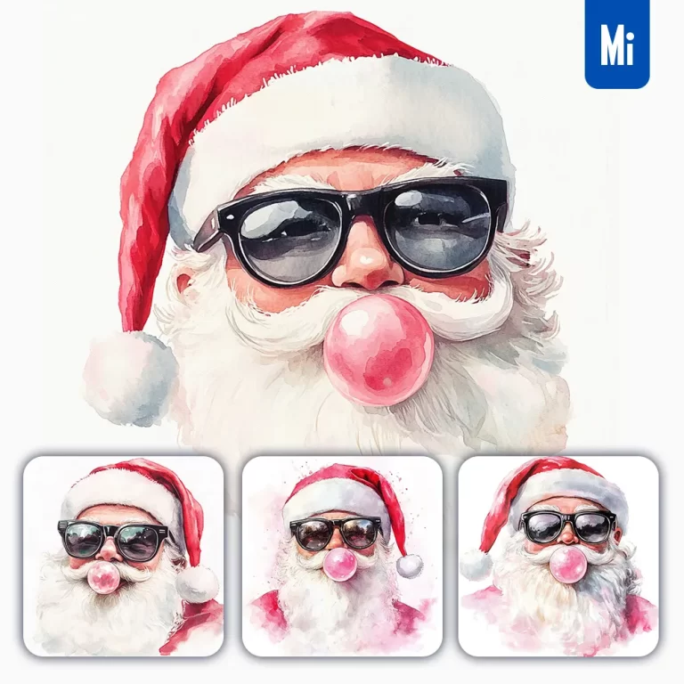 midjourney prompt Santa Claus Father Christmas bubble gum ball sunglasses cartoon face watercolor ink painting